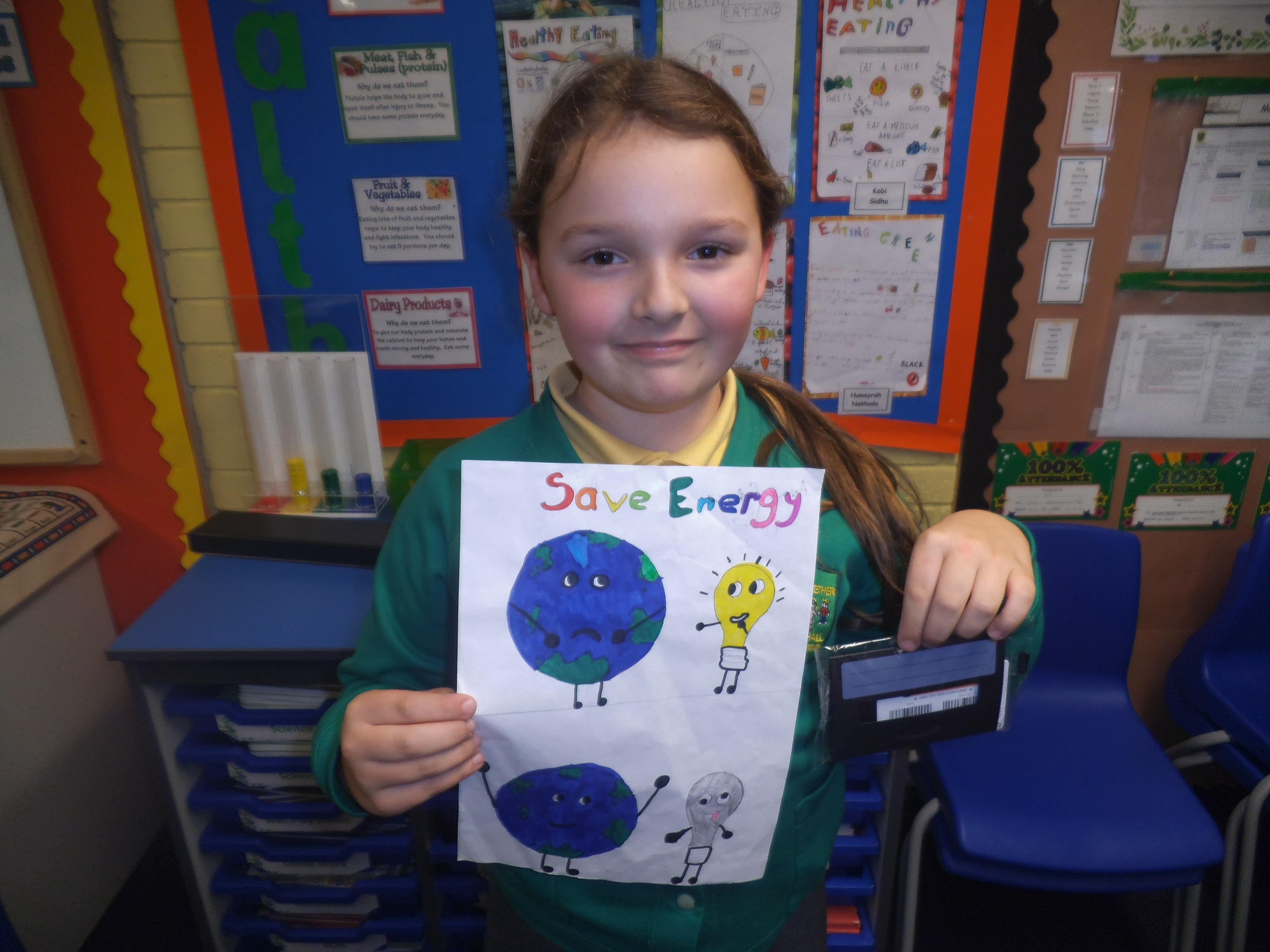 A super poster reminding staff and children to turn off their lights to save energy